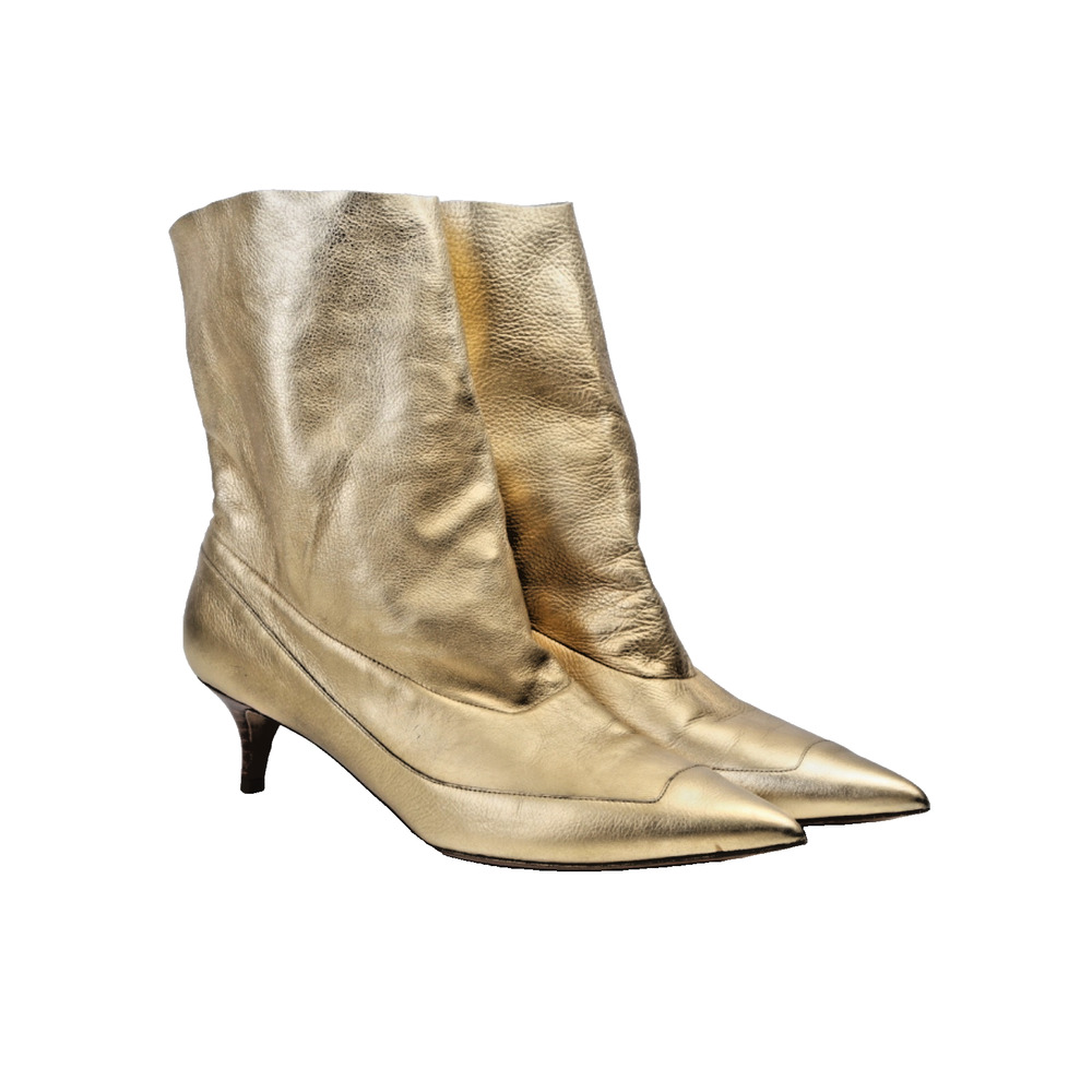 Missoni Metallic Gold Leather Kitten Heel Pointed Toe Ankle Boots Size 40